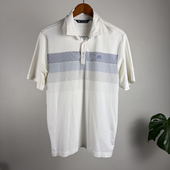 TravisMathew Men’s Polo Shirt Medium White Blue Stripe Performance Golf Top - Picture 1 of 7